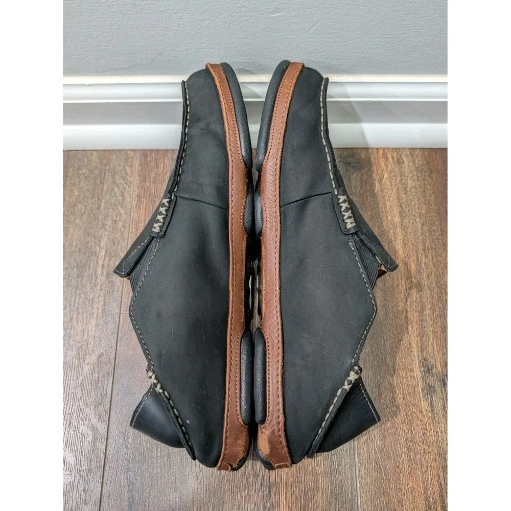 OluKai Mens Moloā Leather Slip On Shoes Black Toffee Size 11.5 Nubuck Drop Heel